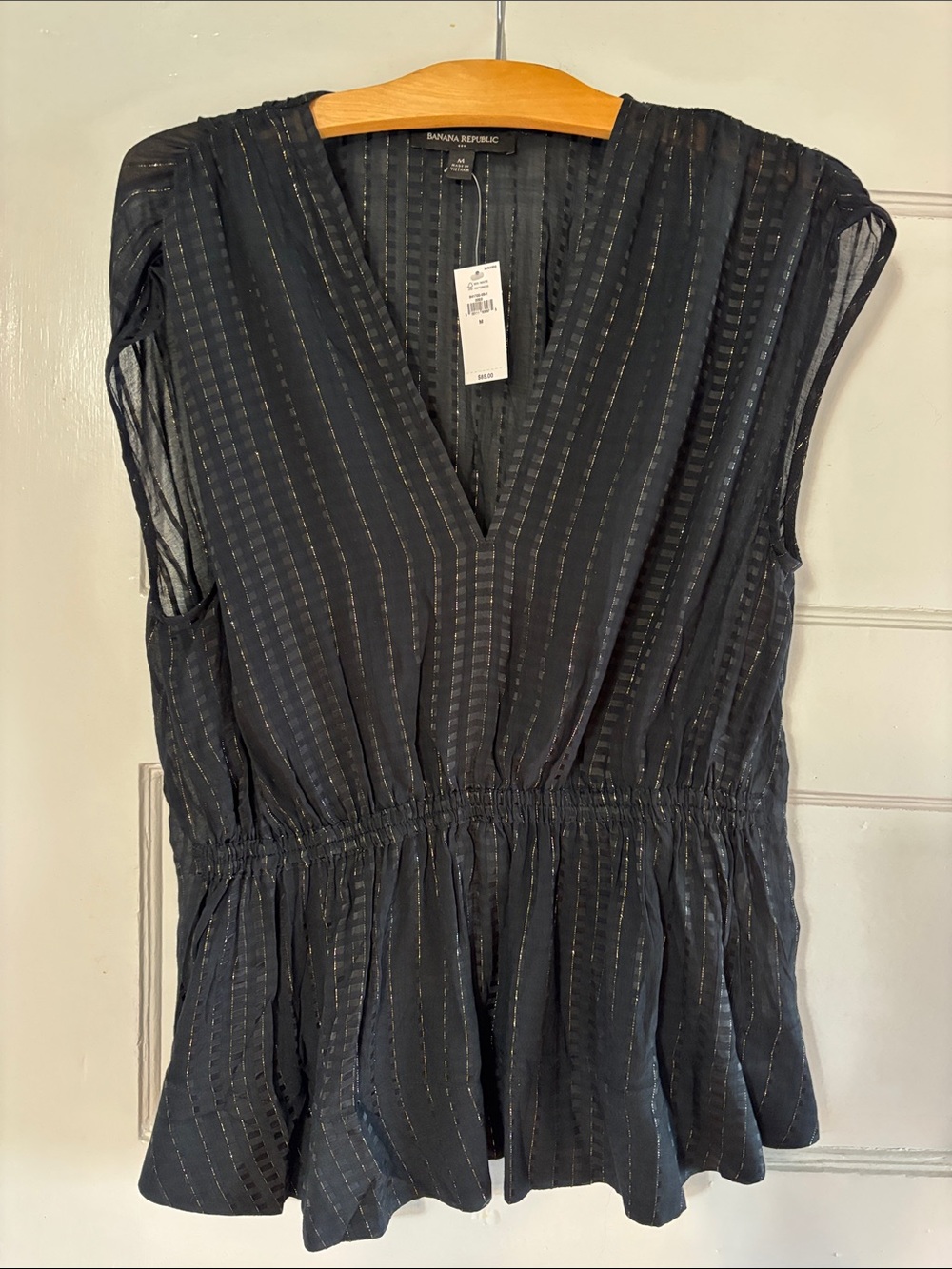 Banana Republic Black Sheer V-Neck Metallic Stripe Peplum Blouse